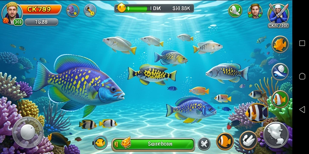 Tangkapan layar gameplay CK789 dengan ikan beragam yang menunggu untuk ditembak.