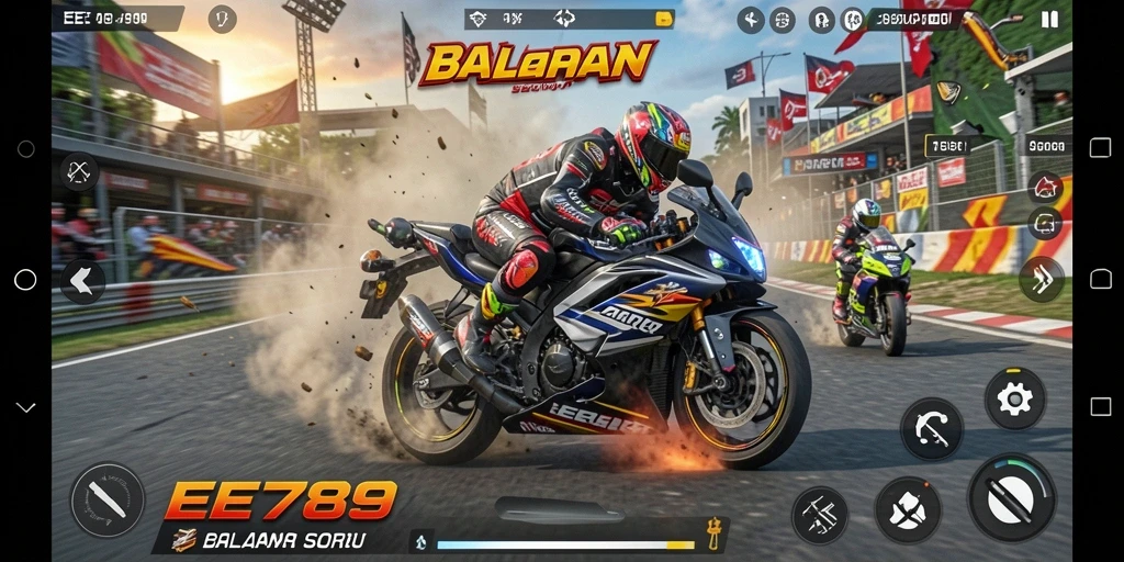 Tampilan gameplay EE789 yang menegangkan dalam balapan motor.