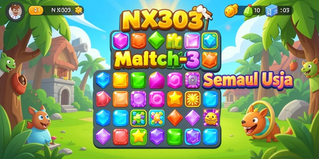 Tampilan aksi permainan Match-3 yang seru dan penuh warna.