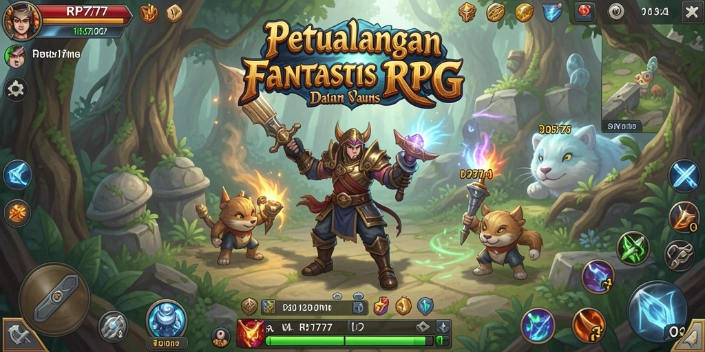 Tangkapan layar utama RP777 menampilkan adegan pertarungan yang epik dalam dunia RPG.